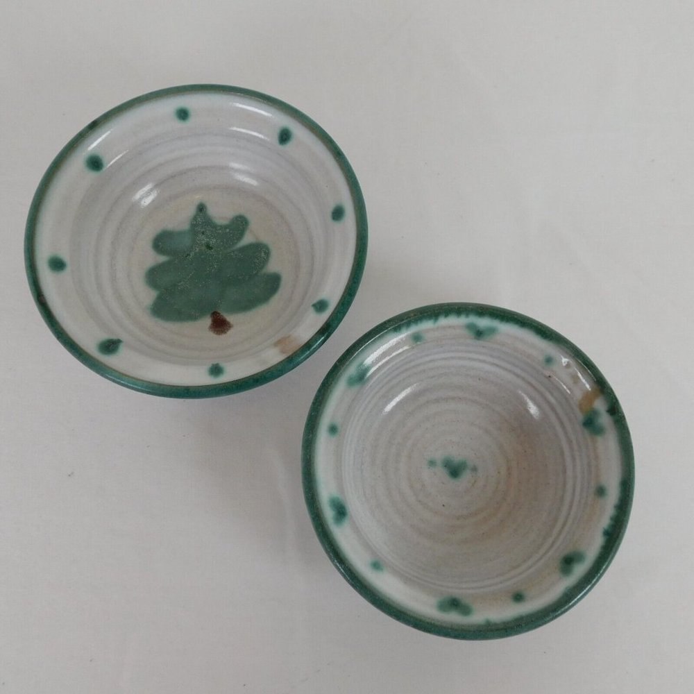 Lot Of 2 White Green Pottery Dinnerware Glossy Bowl Round Shape Hand Painted